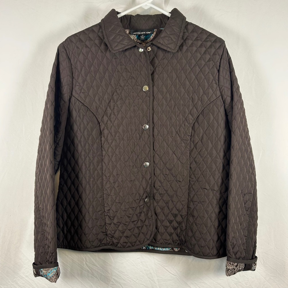Briggs New York Brown Quilted Jacket Paisley Lining Snap Front Women's Size 14